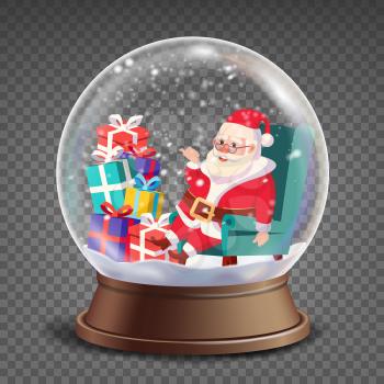 Christmas Snow Globe Realistic Vector. Cute Santa Claus With Gifts. Realistic 3d Snow Globe Toy. Winter Xmas Design Element. Isolated On Transparent Background Illustration
