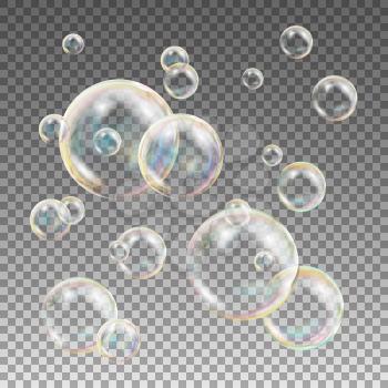 3D Soap Bubbles Transparent Vector. Sphere Ball. Water And Foam Design. Isolated Illustration