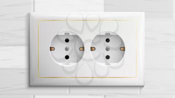 Socket Vector. Double Grounded Power Switch. Plastic Standard Panel. Brick Wall. Realistic Illustration
