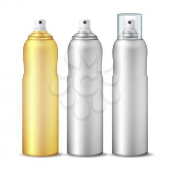 Realistic Cosmetic Spray Can Vector. Aluminium Can Template Blank. Different Deodorant Types. 3D packaging. Isolated Illustration