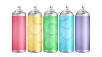 Colorful Spray Can Set Vector. 3D Aluminium Bottles. Paint Aerosol For Street Graffiti. Branding Design. 3D Packaging. Mock Up. Isolated