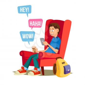 Teen Boy Vector. Young Teen Boy Smiling. Teens Chatting On Messenger. Flat Cartoon Illustration