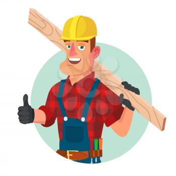 Construction Worker Building Timber Frame Vector. Classic Uniform And Helmet. Wooden Boards. Flat Cartoon Illustration