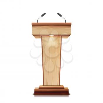 Realistic Wooden Tribune Isolated Vector. With Two Microphones. Wooden Classic Podium Stand Rostrum.