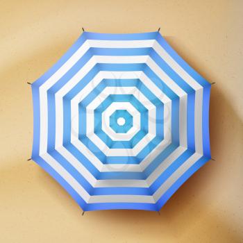 Beach Umbrella Vector. Realistic Parasol Icon. Sand Background. Relax Illustration