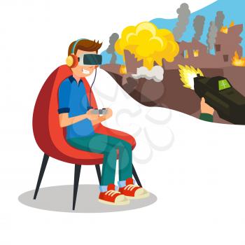 Augmented Reality Game Vector. Young Boy With Headset Playing Virtual Reality Simulation Game. Isolated Flat Cartoon Character