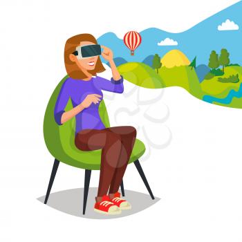 3d Reality Simulation Vector. Having A Good Time With Wearing Virtual Reality Device. Enjoying VR Device. New Virtual Technologies. Cartoon Character Illustration