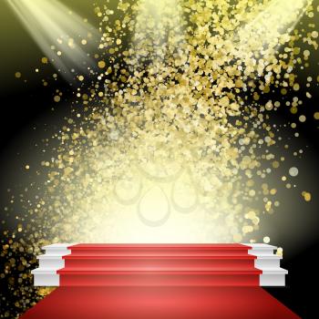 White Winners Podium Vector. Red Carpet. Gold Glitter Cloud Or Shining Particles Explosion. Stage For Awards Ceremony