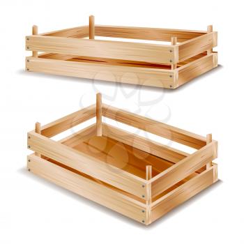 3d Wooden Box Isolated Vector. Wooden Tray For Storing Food. Isolated On White Illustration