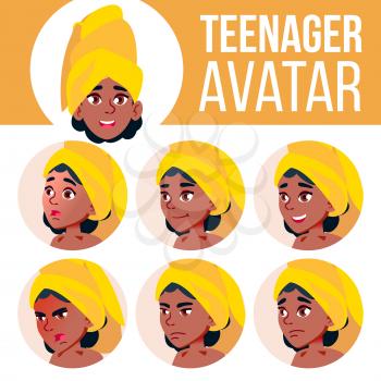 Teen Girl Avatar Set Vector. Black. Afro American. Face Emotions. Facial, People. Positive Head Illustration