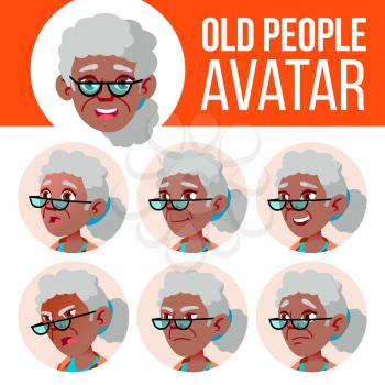 Old Woman Avatar Set Vector. Black. Afro American. Face Emotions. Senior Person Portrait. Elderly People. Aged. Children. Beautiful, Funny Head Illustration
