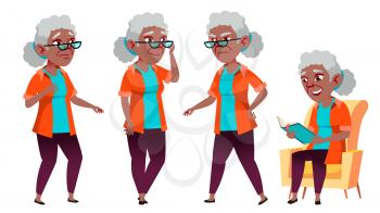 Old Woman Poses Set Vector. Black. Afro American. Elderly People. Senior Person. Aged. Positive Pensioner. Advertising, Placard, Print Design Isolated Cartoon Illustration