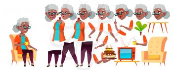 Old Woman Vector. Black. Afro American. Senior Person Portrait. Elderly People. Aged. Animation Creation Set. Face Emotions, Gestures Friendly Grandparent Animated Ilustration