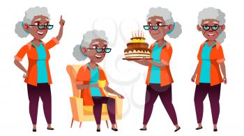 Old Woman Poses Set Vector. Black. Afro American. Elderly People. Senior Person. Aged. Friendly Grandparent. Banner, Flyer, Brochure Design Isolated Cartoon Illustration