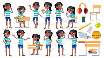 Girl Schoolgirl Kid Poses Set Vector. Black. Afro American. High School Child. Schoolchild. September, Schoolchildren, Teen. For Web, Brochure Poster Design Isolated Cartoon Illustration