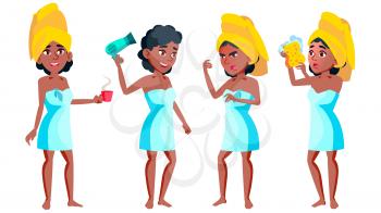 Teen Girl Poses Set Vector. Black. Afro American. Activity, Beautiful. For Postcard, Cover, Placard Design Isolated Cartoon Illustration