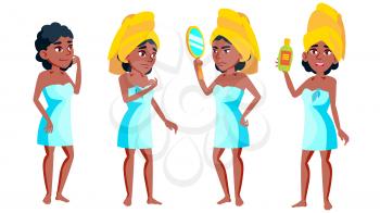 Teen Girl Poses Set Vector. Black. Afro American. Friends, Life. For Presentation, Invitation, Card Design Isolated Cartoon Illustration