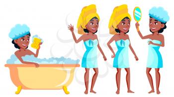 Teen Girl Poses Set Vector. Black. Afro American. Leisure, Smile. For Web, Brochure, Poster Design Isolated Cartoon Illustration
