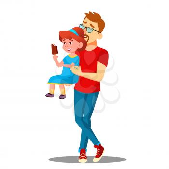 Father And Daughter Enjoy Eating Ice Cream Vector. Illustration