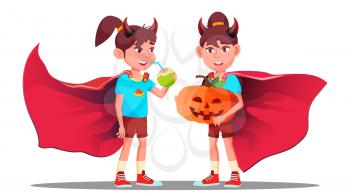 Little Girl With Devil Horns, Cloak And Holding Pumpkin In Hands Vector. Halloween Illustration