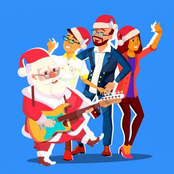 Santa Claus Dancing With Group Of People And Guitar In Hands. Corporate New Year. Christmas Party Vector Illustration