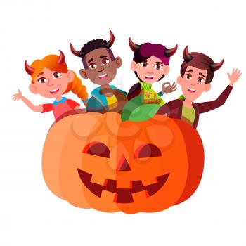 Group Of Children With Devil Horns Peeking Out From Large Pumpkin Vector. Halloween Illustration