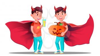 Little Boy With Devil Horns, Cloak And Holding Pumpkin In Hands Vector. Halloween Illustration