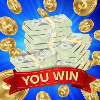 Big Winner Background Vector. Gold Coins Lucky Jackpot Illustration. Big Win Banner. For Online Casino, Playing Cards, Slots, Roulette. Money Banknotes Stacks. Nightclub Glowing Billboard Concept.