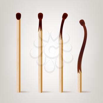 Realistic Burnt Match Vector. Various Stages Of Matches Burning Set Isolated.