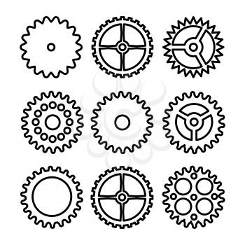 Vector Clock Gears. Outline Icons Set Clock Or Machine Wheel Mechanism. Mechanical, Technology Sign Isolated On White
