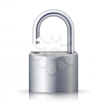 Realistic Unlocked Padlock Vector. Metal Lock For Safety Illustration. Isolated On White With Shadow