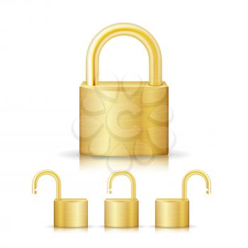 Closed Lock Security Gold Set Icon Isolated On White. Realistic Protection Privacy