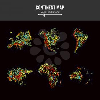 Continent Maps. Abstract Background Vector. Colorful Dots Isolated On Black