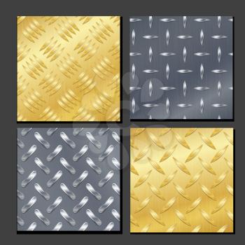 Seamless Diamond Metal Background Set With Tread Plate. Gold, Chrome, Silver, Steel, Aluminum. Vector Pattern