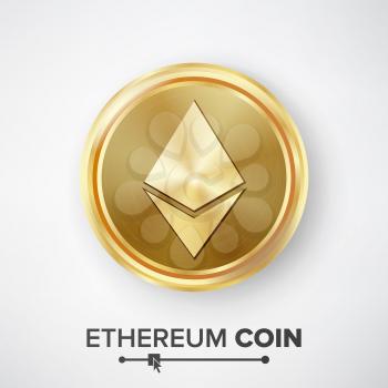 Ethereum Coin Gold Coin Vector. Realistic Crypto Currency Money And Finance Sign Illustration. Etherum Coin Digital Currency Counter Icon. Fintech Blockchain.