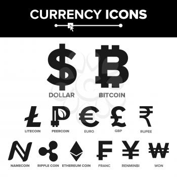 Currency Icon Sign Set Vector. Famous World Currency Cryptography. Finance Illustration. Bitcoin, Litecoin, Peercoin, Ripple Coin, Etherum, Dollar, Euro, GBP Rupee Franc Renminbi Yuan Won