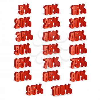 Discount Numbers 3d Vector. Red Sale Percentage Icon Set In 3D Style Isolated On White Background. 10 percent off, 15 off and 20 percent off discount