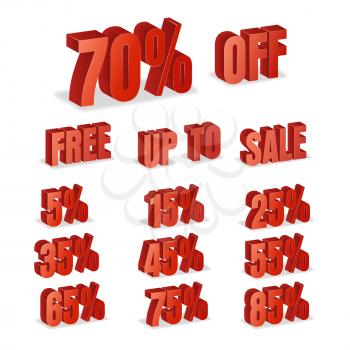 Discount Numbers 3d Vector. Red Sale Percentage Icon Set In 3D Style Isolated On White Background. Free, Off