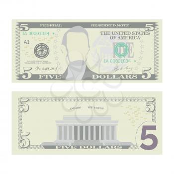 5 Dollars Banknote Vector. Cartoon US Currency. Two Sides Of Five American Money Bill Isolated Illustration. Cash Symbol 5