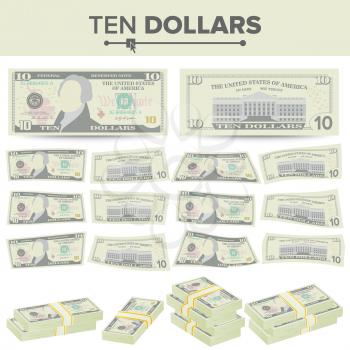 10 Dollars Banknote Vector. Cartoon US Currency. Two Sides Of Ten American Money Bill Isolated Illustration.