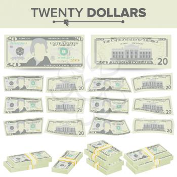 20 Dollars Banknote Vector. Cartoon US Currency. Two Sides Of Twenty American Money Bill Isolated Illustration.