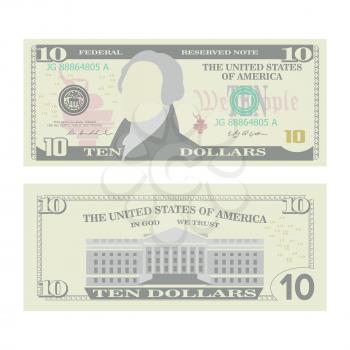 10 Dollars Banknote Vector. Cartoon US Currency. Two Sides Of Ten American Money Bill Isolated Illustration. Cash Symbol 10