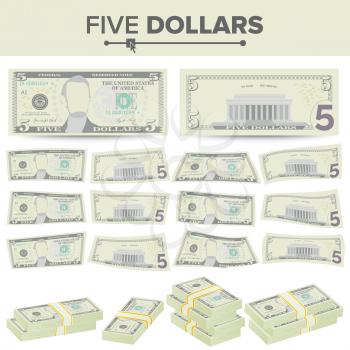 5 Dollars Banknote Vector. Cartoon US Currency. Two Sides Of Five American Money Bill Isolated Illustration.