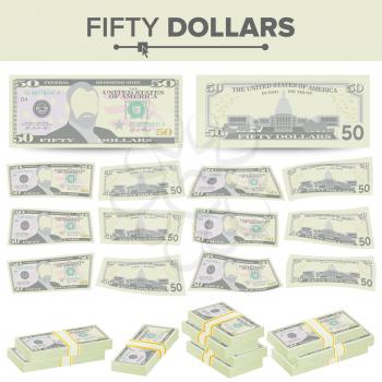 50 Dollars Banknote Vector. Cartoon US Currency. Two Sides Of Fifty American Money Bill Isolated Illustration