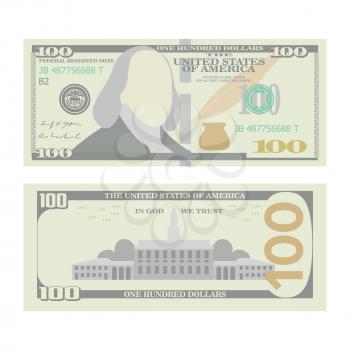 100 Dollars Banknote Vector. Cartoon US urrency. Two Sides Of One Hundred American Money Bill Isolated