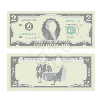 2 Dollars Banknote Vector. Cartoon US Currency. Two Sides Of Two American Money Bill Isolated Illustration. Cash Symbol 2