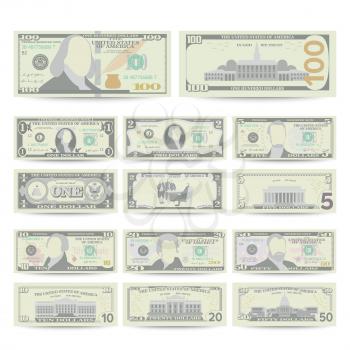 Dollars Banknote Set Vector. Cartoon US Currency. Two Sides Of American Money Bill Isolated Illustration. Cash Dollar Symbol. Every Denomination Of US Currency
