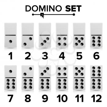 Domino Set Vector Realistic Illustration. White Color. Dominoes Bones Isolated On White.