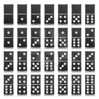 Domino Full Set Vector Realistic Illustration. Black Color. Classic Game Dominoes Bones Isolated On White. Top View. 28 Pieces