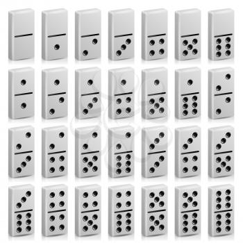 Domino Set Vector Realistic 3D Illustration. White Color. Full Classic Game Dominoes Isolated On White. Collection 28 Pieces